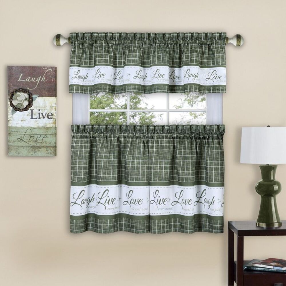 Country Gingham Check Live Laugh Love 3-Piece Cafe Plaid Kitchen Curtain Set